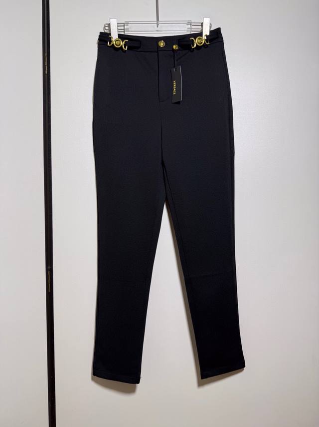 Versace new custom hardware metal portrait gold buckle high waist slim fit trous