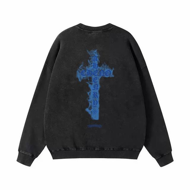 Style No. F02 Chrome Hearts Washed Distressed Print Crew Neck Terry Sweatshirt,