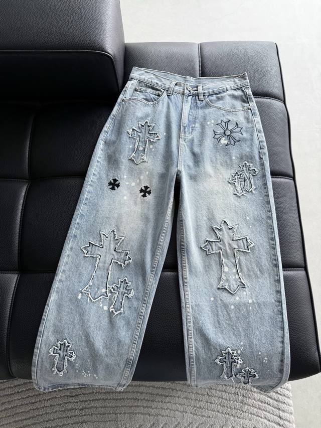 Pants, distressed washed denim trousers with 3D embroidered cross patches on the
