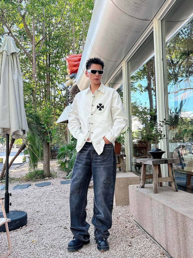 Chrome Hearts Leather Cross-Panel Embroidered Shirt Jacket, Os Style, unisex! Ma