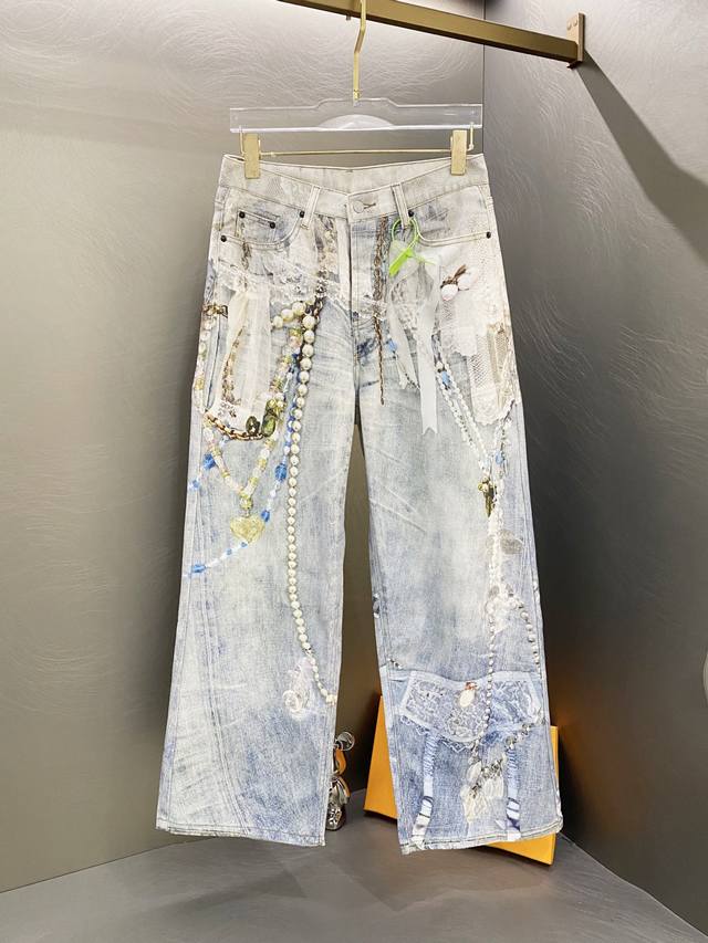 Acne25Fw Lace Pearl Chain 3D Print Straight Leg Curved Jeans Jennie's Same Style