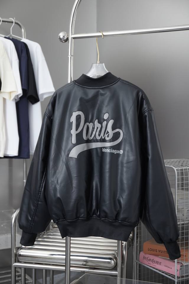 Balenciaga Baseball Flight Leather Jacket with Paris Letter Applique Embroidery.