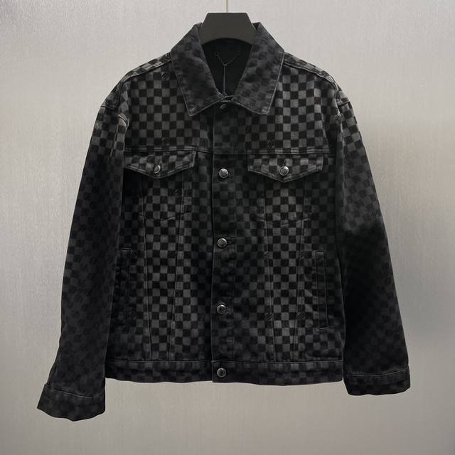 Lu Black Check Flocked Denim Jacket (Ddd) Size: S-XL (Ddd) This denim trucker ja