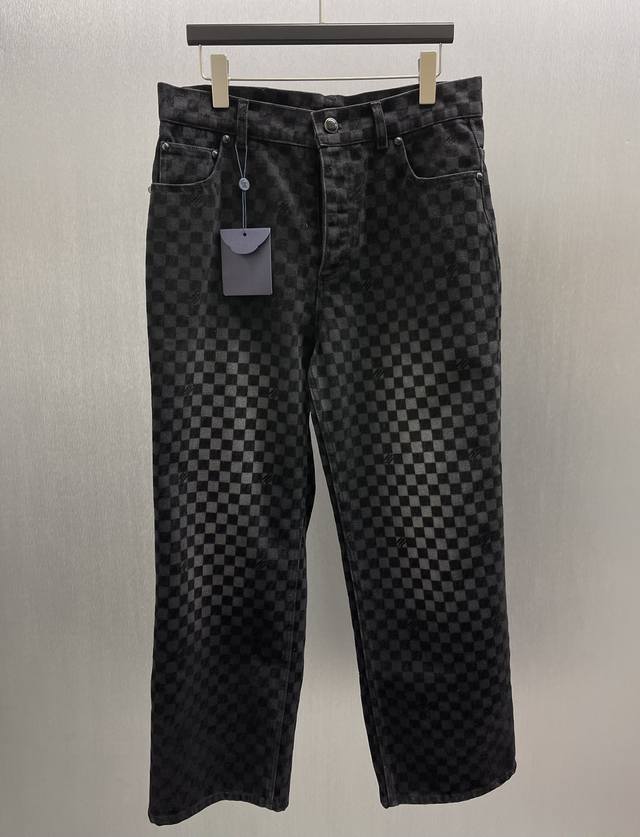 Lu Black Check Flocked Jeans Size: S-XL These wide-leg jeans feature a washed vi
