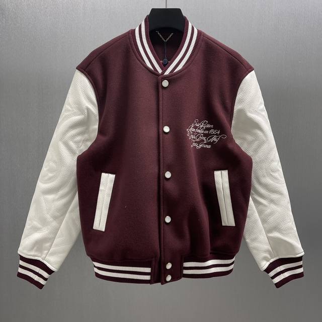 Lu Embroidered Cow Leather and Sheep Wool Baseball Jacket Size: S-XL This baseba
