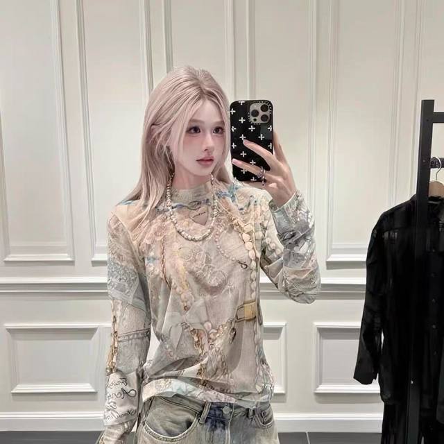 Acne Studios Early Spring 3D Lace Pearl Strip Print Long-Sleeve T-Shirt Women's