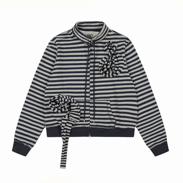 Open Yy 25 Early Autumn New 3D Hand-woven Rose Retro Striped Stand Collar Zipper