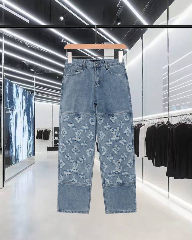 Louis Vuitton (LV) 25Fw Distressed and distressed jeans with logo lettering, uni