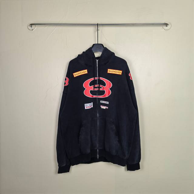 Blcg Sponsor Logos Large Zip-Up Hoodie in Black Faded 25 Printed Letter Double R