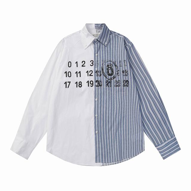Mm6. Maisonmargiel* New Calendar Classic Logo Print Blue Striped Patchwork Shirt