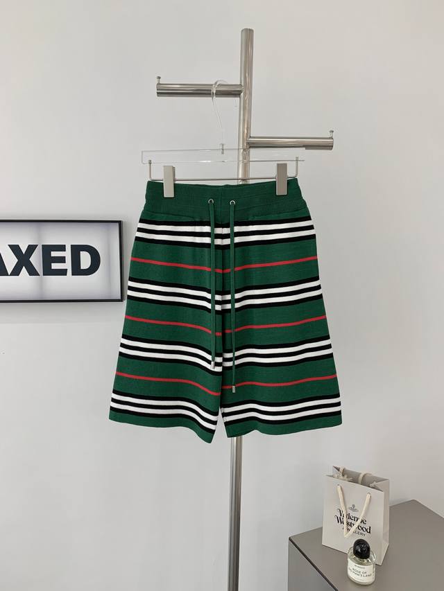 Style No. G621 New Burberry Classic Knit Green Striped Straight Knit Shorts, Uni