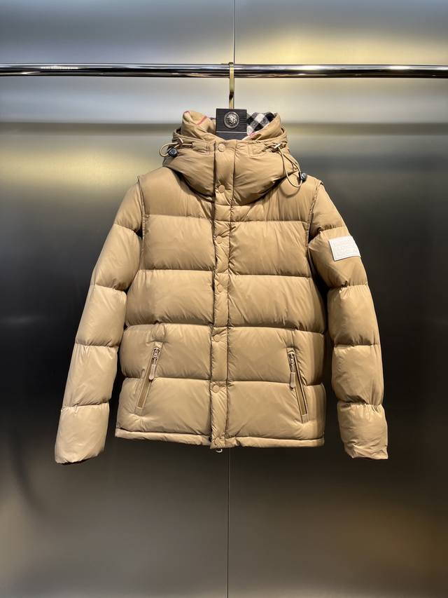 Burberry Detachable Sleeve Hooded Down Jacket. Features a retro check lining, a