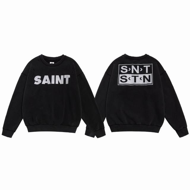Saint Michael Snt Distressed Lettering Classic Retro Washed Fleece Casual Loose