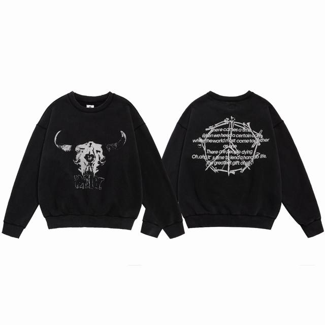 Saint Michael American Devil Print Retro Washed Distressed Loose Crew Neck Pullo