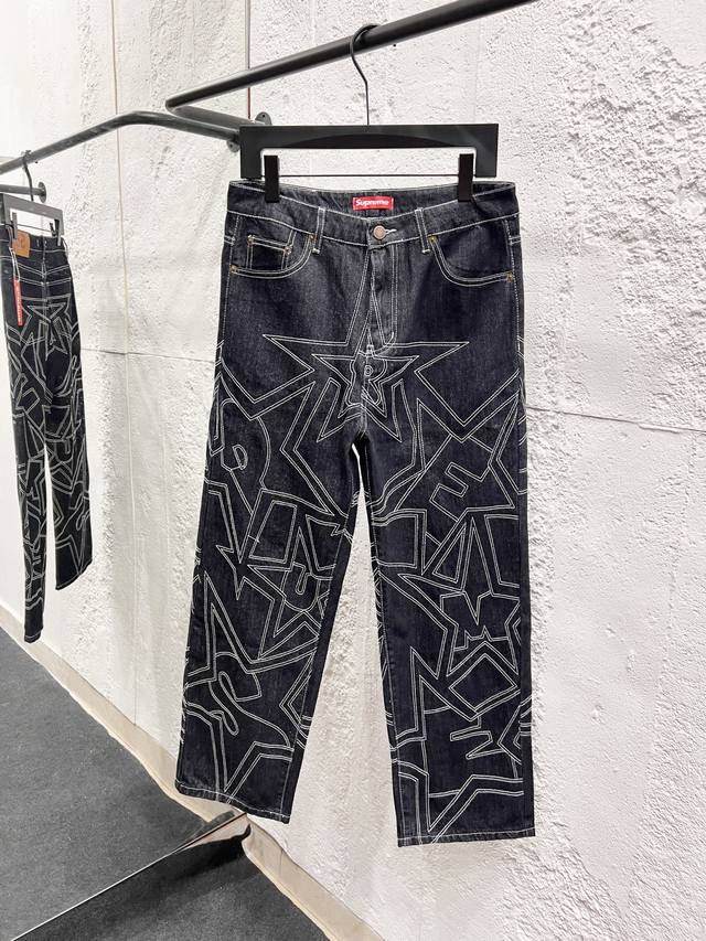 Style No.: H941 Supreme Ss25 Star-stitched Casual Loose Fit Denim Jeans, Unisex.