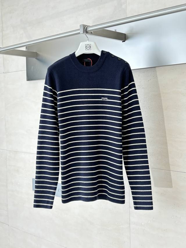 Prada* Prada 25 New Striped Embroidered Button Side-Opening Sweater Custom-knitt