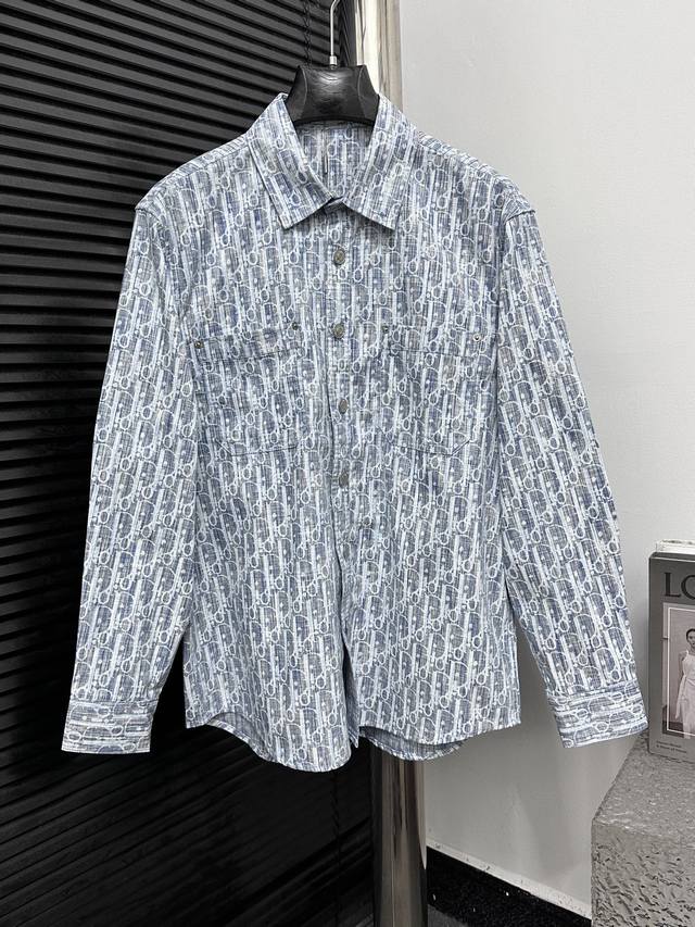 High-quality Dior monogram jacquard long-sleeved denim shirt. Features custom-ma