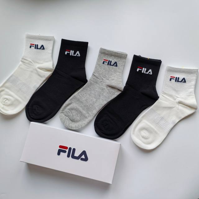 Five pairs per box, high-quality Fila black, white, and gray mid-calf socks, box