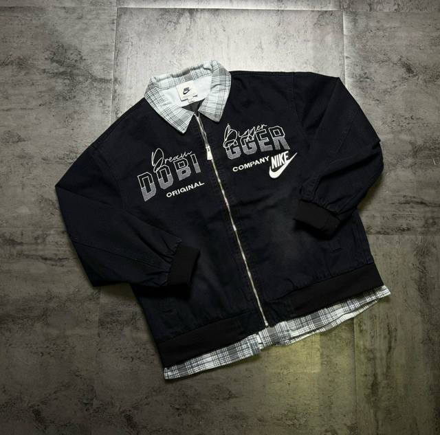 Nike series patch embroidered baseball jacket, fake two-piece jacket, couple sty