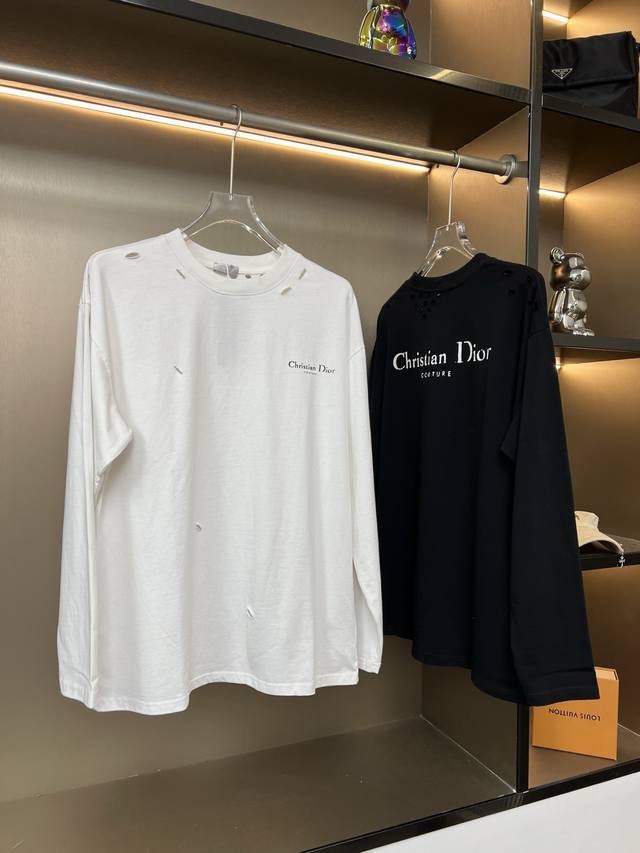 Dior 2025Ss New Solid Color Letter Washed Ripped Couple Casual Long-Sleeve T-Shi