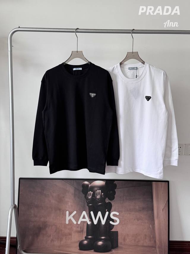 Prada Classic Triangle Logo Crew Neck Long Sleeve T-Shirt, Unisex, 280g High-Gro