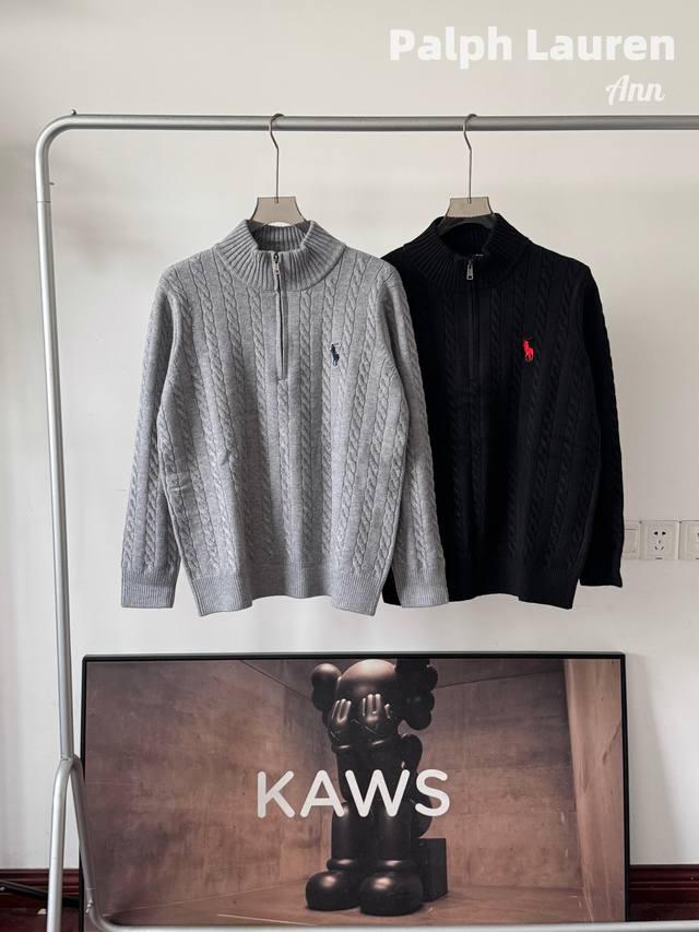 Ralph Lauren Pony Embroidered Half-Zip Stand Collar Solid Color Cable Knit Sweat