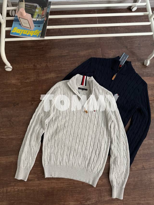 Tommy 2025 Autumn/Winter New Men's Pure Cotton Casual Half-Zip High Neck Cable K