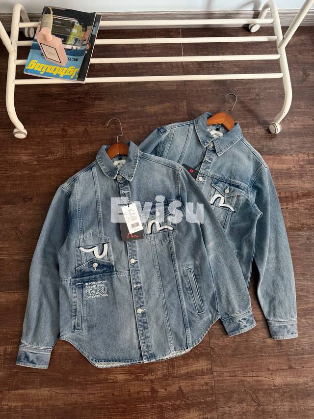 Evisu Men's Daruma Print Trendy Fashionable Versatile Blue Lapel Casual Denim Ja