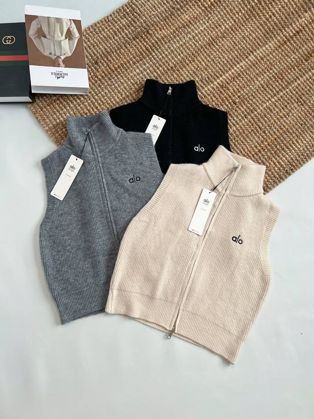 Alo Women's New Knitted Vest with Zipper Stand Collar Cardigan Ladies, this Alo