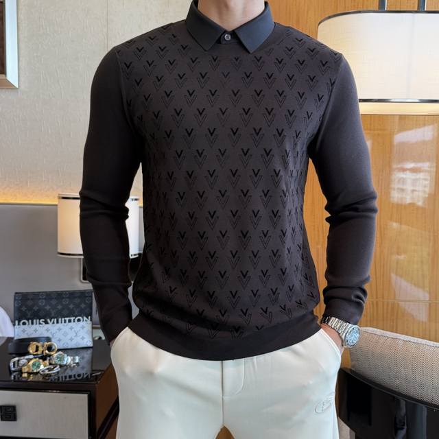 Valentino - 2025 Autumn/Winter New Men's Wool Knit Faux Two-Piece Sweater. A bes