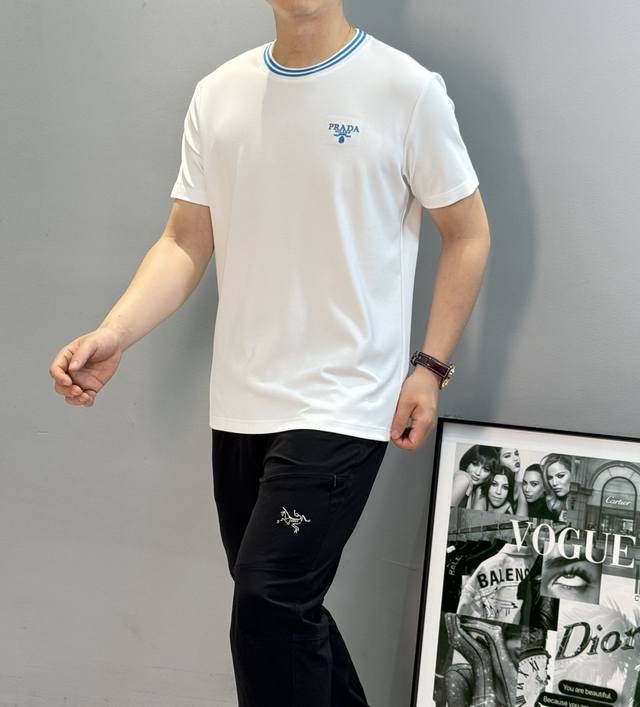 Prada 25S New Modal T-Shirt. Custom-knitted neckline with Prada logo embroidery.