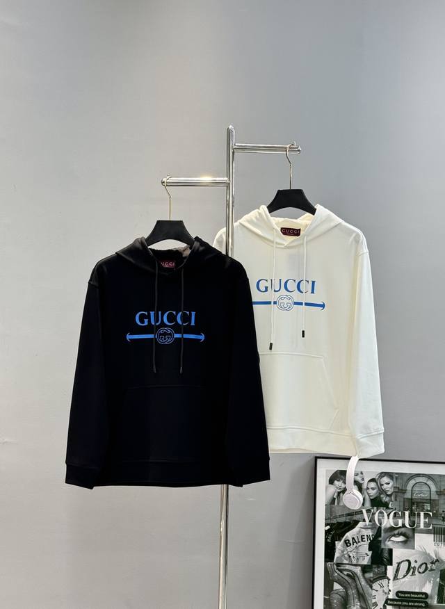 Gucci 2025 New Style Hooded Sweatshirt with Blue Logo Decoration on the Chest. S