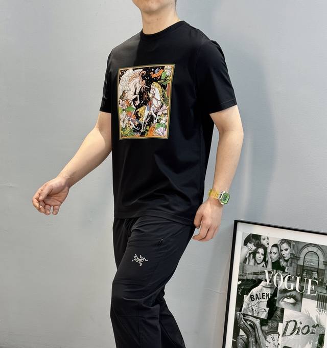 Herme* 25S Summer New Mercerized Cotton Short-Sleeve T-Shirt. High-Quality Versi