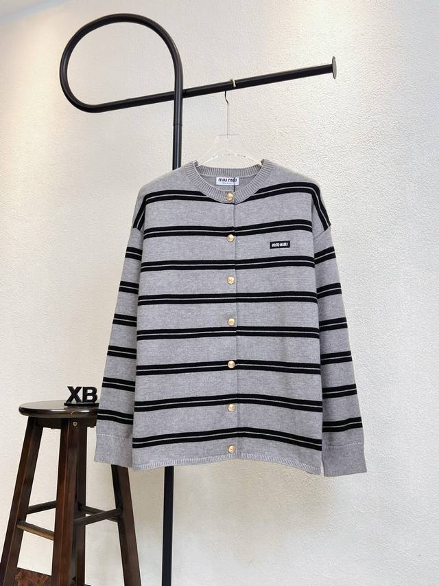 Style No. X304 Grey Miumiu Striped Logo Letter Embroidered Knit Cardigan Sweater