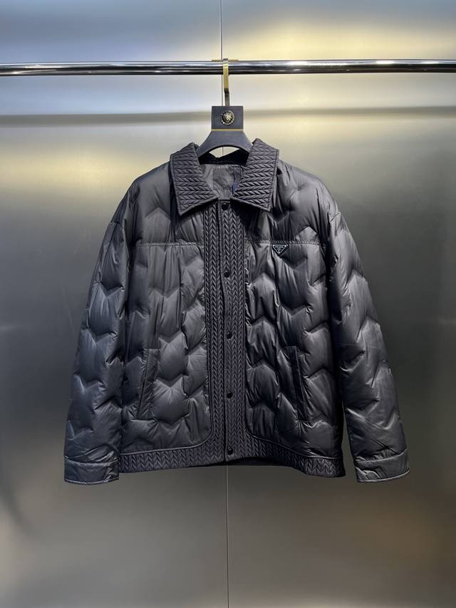 Prada Thin Embossed Down Jacket Men's Autumn and Winter Lapel Triangle Logo Coat
