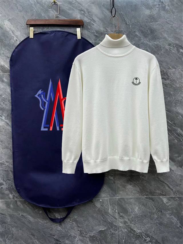 Moncler 3-Label Embroidered High-Neck Sweater. This premium wool blend sweater i