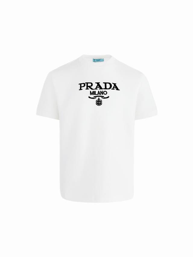 High Version Prada Autumn/Winter High-Neck Embroidered Short-Sleeve T-Shirt. Mad