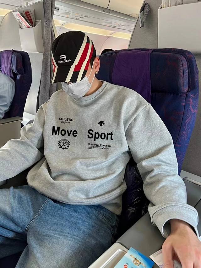 F74# Descente New Multi-Label Collaboration Print Unisex Couple Crew Neck Sweats