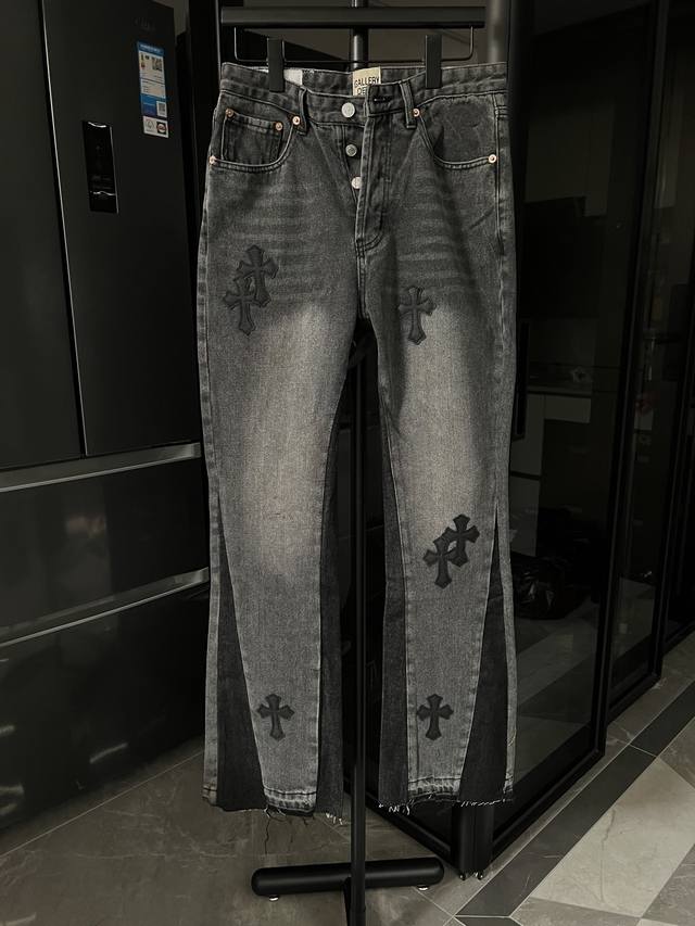 The next day, Chrome Hearts Gallery Dept cross-stitch patchwork jeans in iron bl