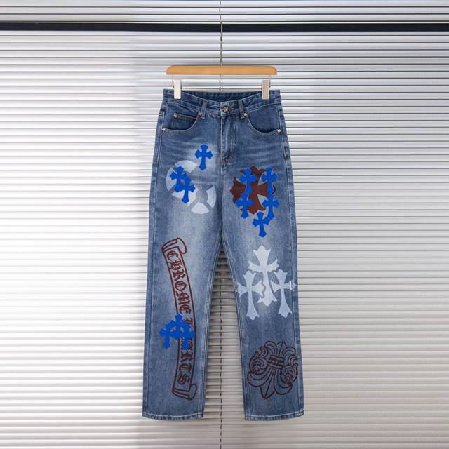 Chrome Hearts Hot Selling Washed Graffiti Blue Cross Couple Jeans This season's