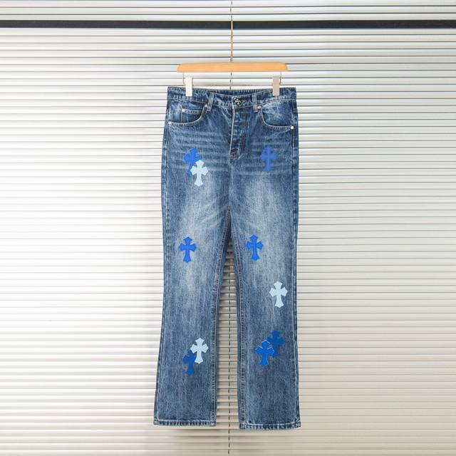 Chrome Hearts Miami Exclusive Blue Leather Cross Jeans - A hot-selling item this