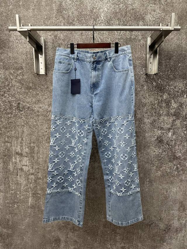 Lv 2025 Ss Autumn New Arrival Washed Denim Casual Pants Monogram Cutout Pattern