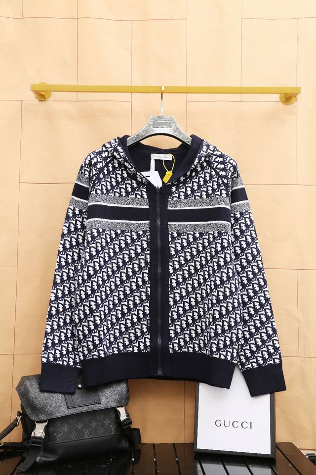 Top-tier version Dior new reversible monogram logo print couple zip-up hooded kn