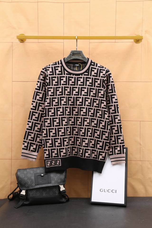 Fendi 2024 Autumn/Winter Jacquard Crew Neck Knit Pullover Sweater, New Arrival,