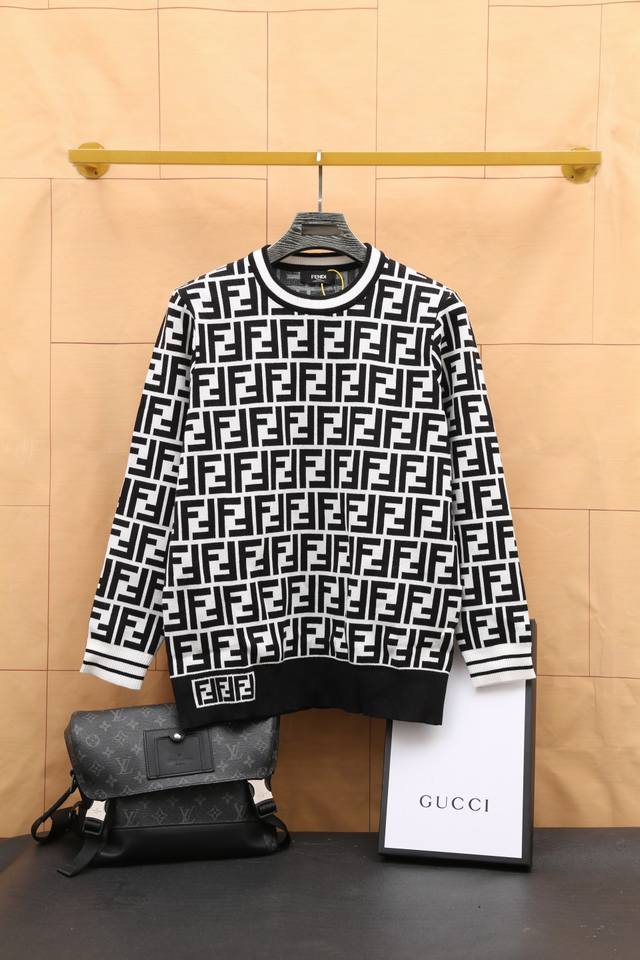 Fendi 2024 Autumn/Winter Jacquard Crew Neck Knit Pullover Sweater, New Arrival,