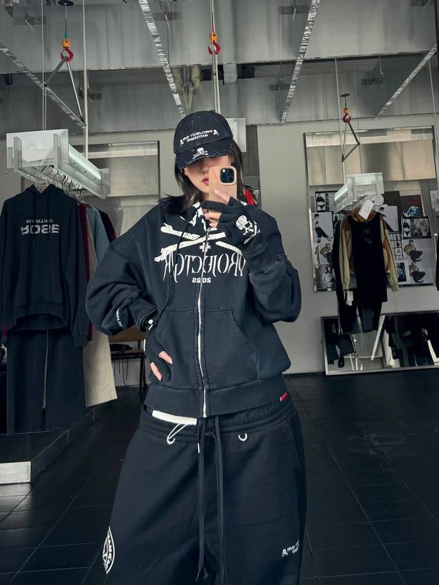 Grailz Project GR 25Ss Skull Print Raised Shoulder Zipper Hooded Sweatshirt for