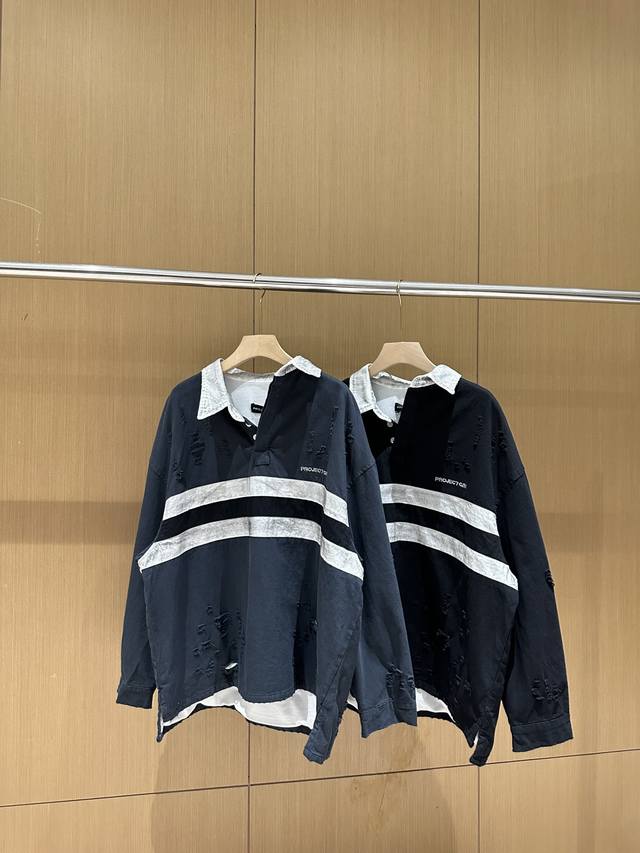 Grailz Learl Gr23Ss Distressed Polo Long-Sleeve Os Double-Layer Shirt Collar Swe