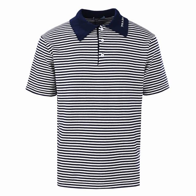 Prada Prd 23Ss Blue and White Striped Short-Sleeve Knit Polo Shirt (Ddd). Origin
