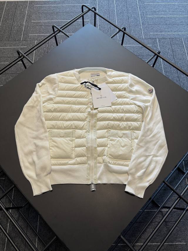 Moncler Stand Collar Knitted Down Jacket for Women. The sleeve fabric is made of