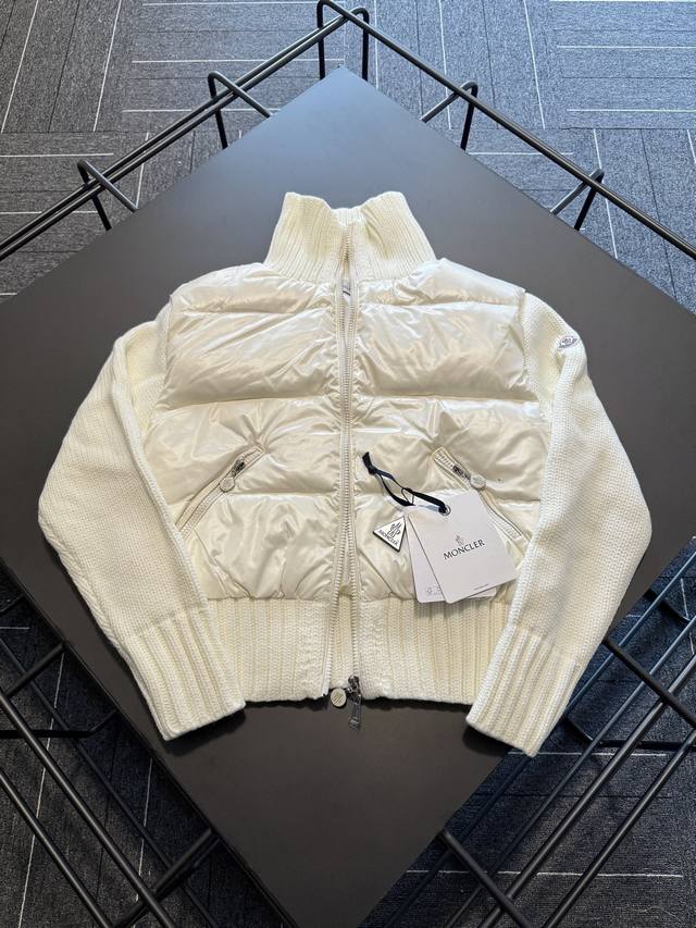 Moncler Stand Collar Knitted Down Jacket for Women. The sleeve fabric is made of